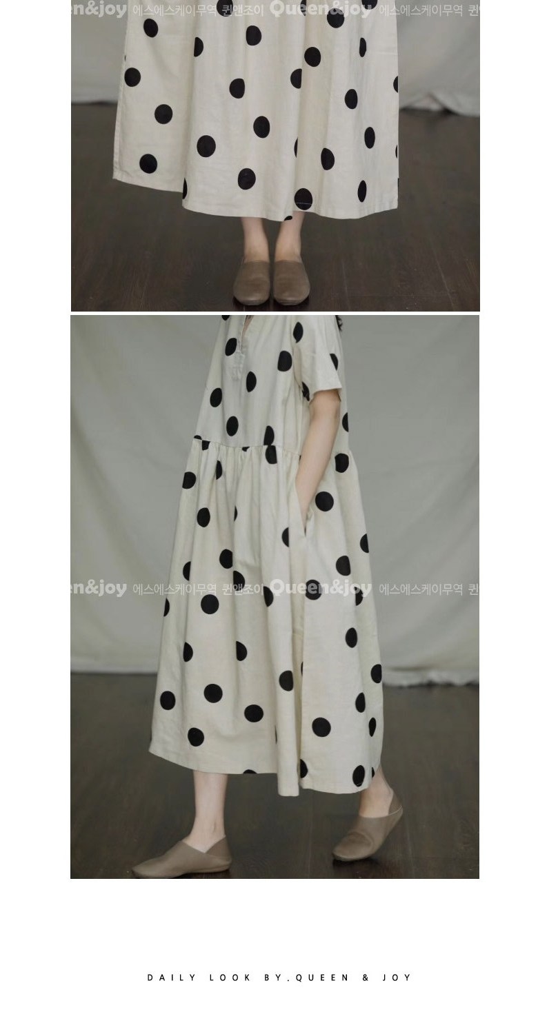 퀸앤조이 브이넥 도트 린넨 원피스