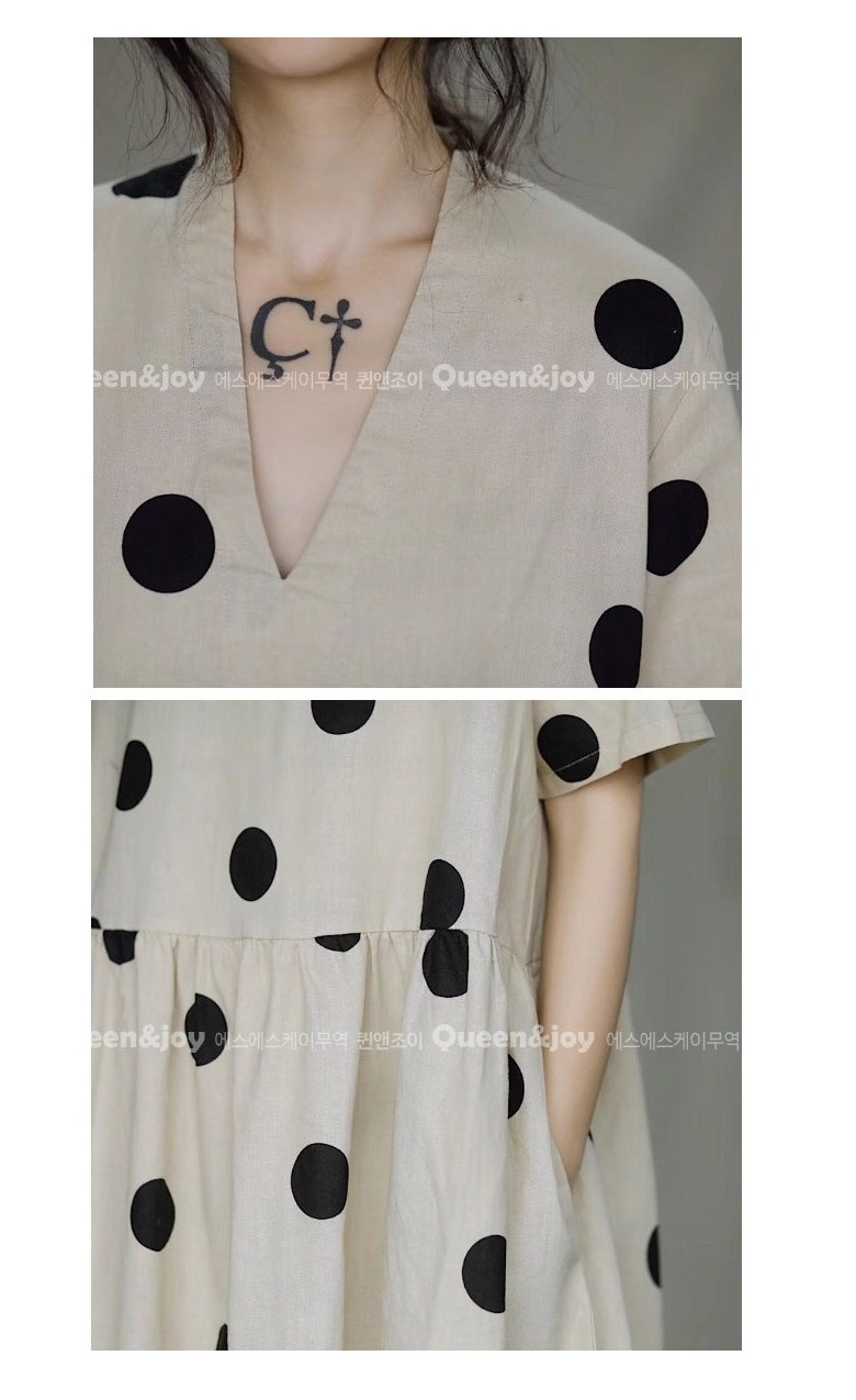 퀸앤조이 브이넥 도트 린넨 원피스