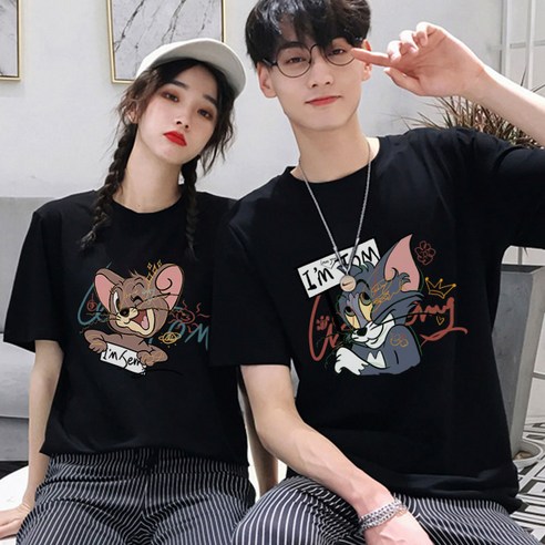 Apr.09 2번 고양이-쥐 커플티 여름옷 순면 반팔 커플룩 학생 여름옷Z