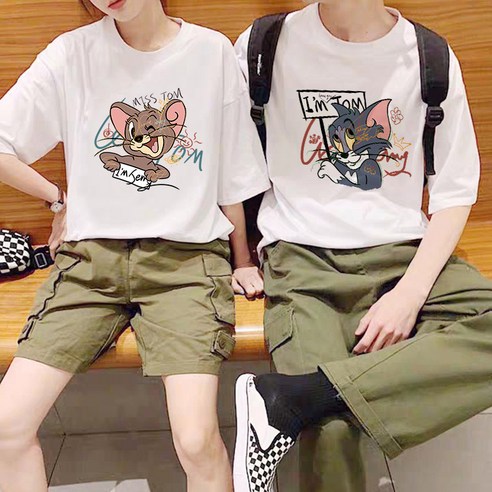 Apr.09 2번 고양이-쥐 커플티 여름옷 순면 반팔 커플룩 학생 여름옷Z